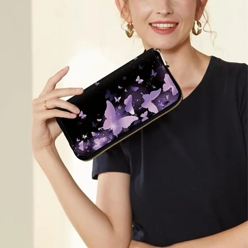 Leather Women's Wallet with Wristlet Large Capacity Card Phone Purse Purple